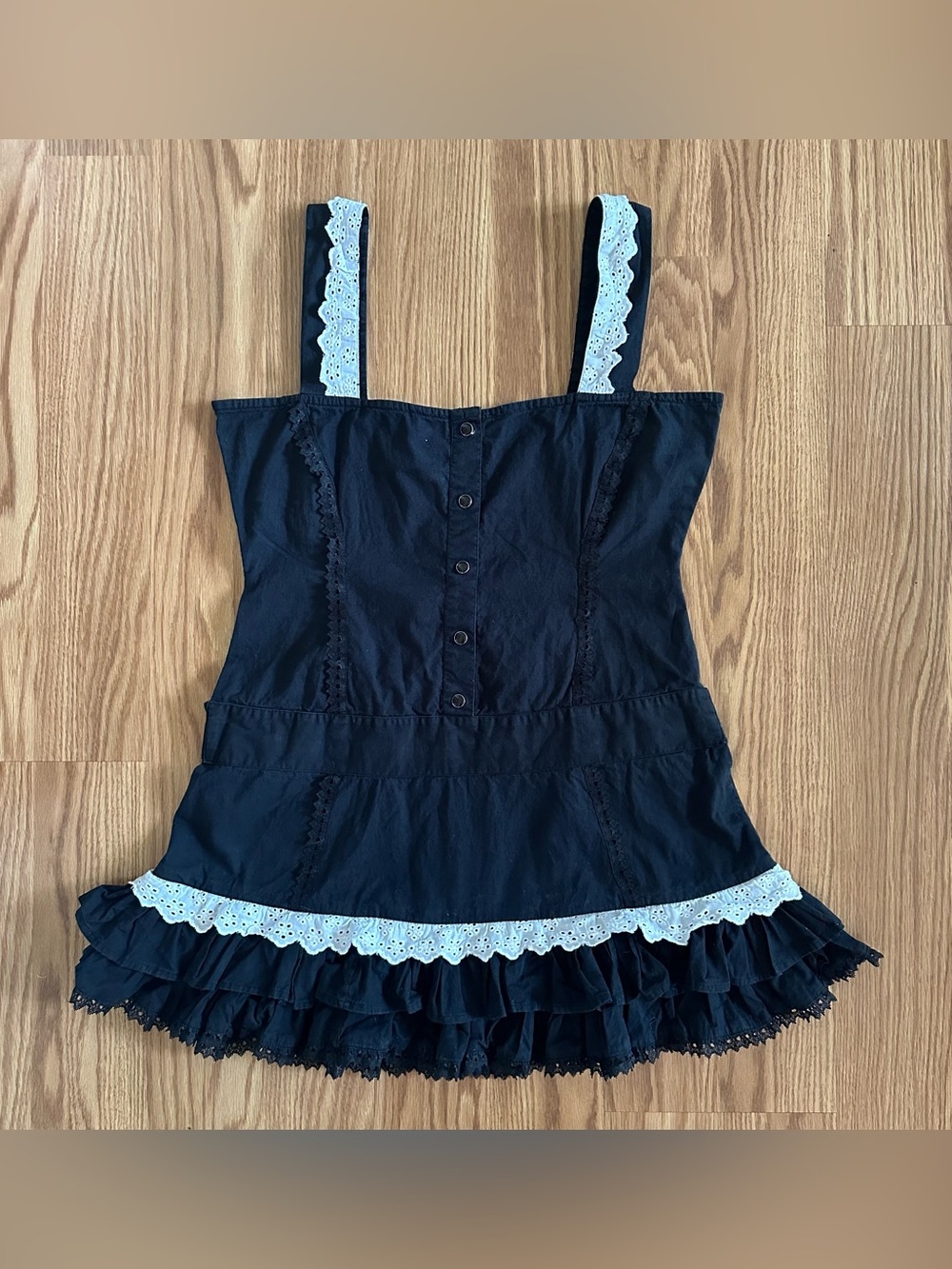 Vtg Y2K Funhouse NYC Corset Ruffle Mini Dress Black White Eyelet Lace size S/M